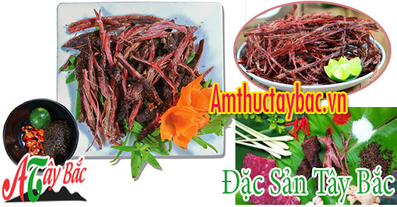 Thịt gác bếp thường được xé dọc sớ để thưởng thức